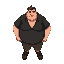 a fat man , very fat , brown color short , wearing black shirt hair