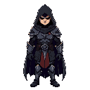hooded dark man in armor and cape