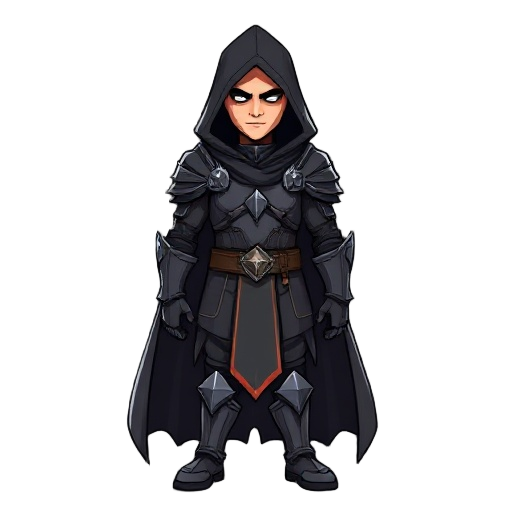 hooded dark man in armor and cape