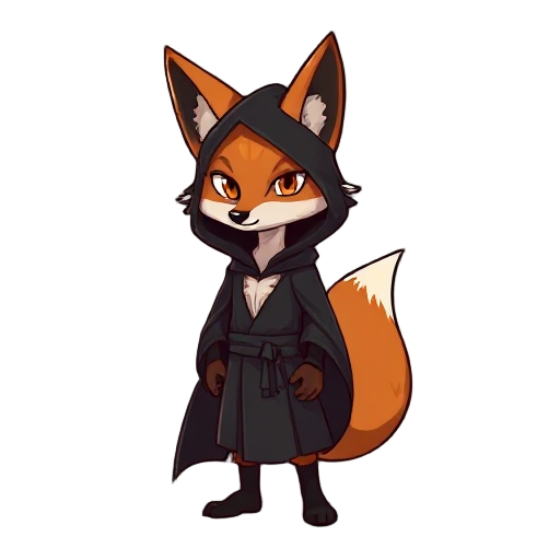 make me a character with a fox animal theme but like a person wearing a black robe and mysterious
