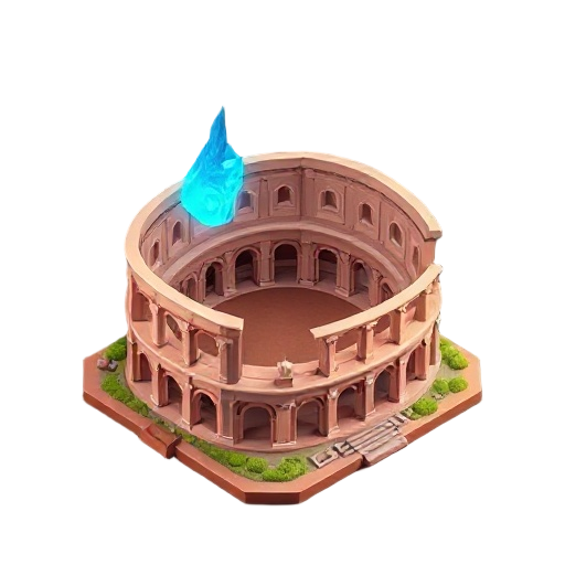 um coliseu parecido com de roma no formato de uma roleta de cassino redondo de ser igual uma roleta de cassino, no lugar do teto coloque um holograma da cabeça de um coelho azul