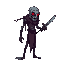 pixel art of an extremely scary lengthy figure with a mask and a sword in its sword, it's tall. pixel art, with red eyes and tall with grey skin, looking to the right side
