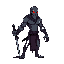 pixel art of an extremely scary lengthy figure which is muscular with a mask and a sword in its sword, it's tall. pixel art, with red eyes and tall with grey skin, looking to the right side
