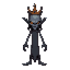 a long person with grey skin, red eyes, is tall, has a crown and is scary