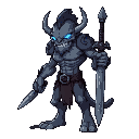 a tall creepy muscular creature with a blue glowing eyes and with a sword with grey skin