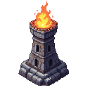 magic fire tower, minified, pixel perfect, standing on a rock, no background, with top down view , 45%side 45% from top
