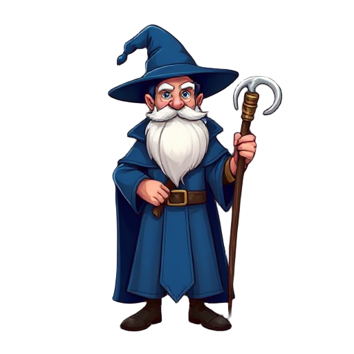 magician, white long beard , blue cloak, carrying a magicians cane