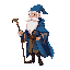 magician, white long beard , blue cloak, carrying a magicians cane