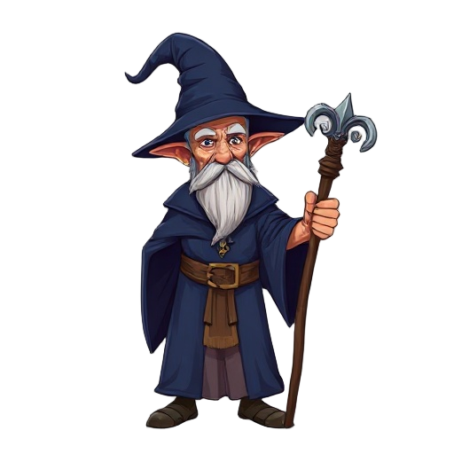old mage with a deep blue robe, big pointy hat and a staff