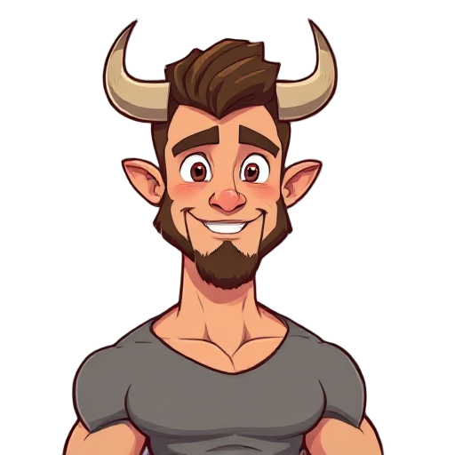 a tall, strong, light-brown-skinned, handsome young man with a trimmed beard and sideburns, a pair of horns somewhat resembling those of a bull, human ears, and a friendly demeanor