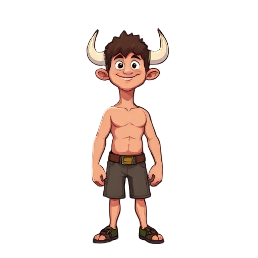 a tall, strong, light-skinned young man with a pair of horns somewhat resembling those of a bull, and a friendly demeanor
