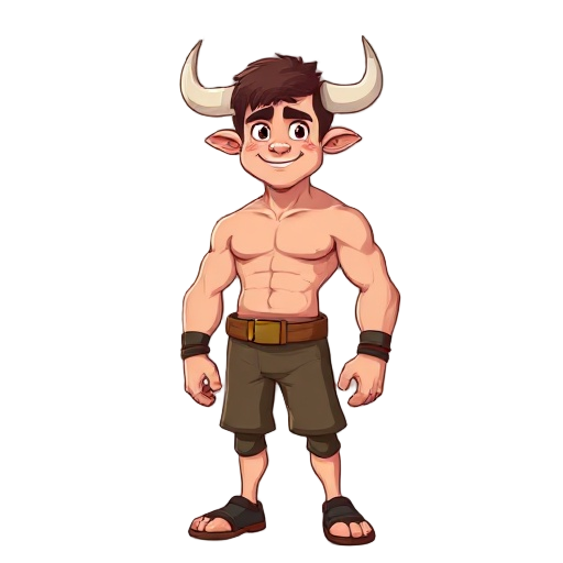 a tall, strong, light-skinned young man with a pair of horns somewhat resembling those of a bull, and a friendly demeanor