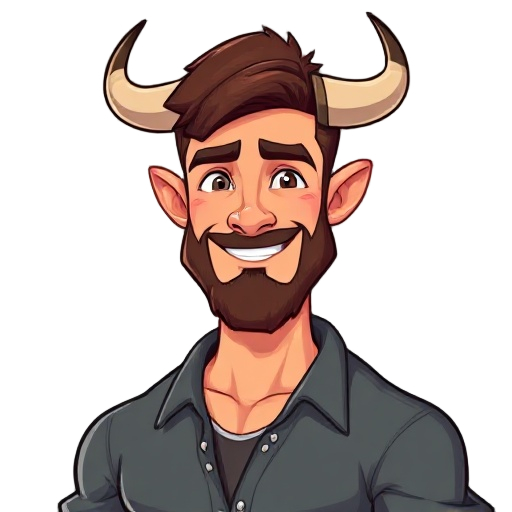 a tall, strong, light-brown-skinned, handsome young man with a trimmed beard and sideburns, a pair of horns somewhat resembling those of a bull, human ears, and a friendly demeanor