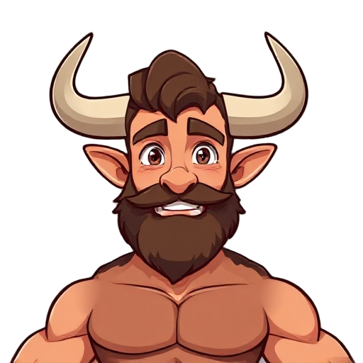 a tall, strong, light-brown-skinned, handsome young man with a beard, a pair of horns somewhat resembling those of a bull, human ears, and a friendly demeanor