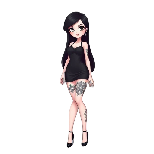 southeast facing , 65 pixels long height hot girl with white skin , black long hair. wears black mini dress and high heels. has a leg tattoo. medium detailed basic shadowing.