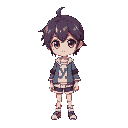 design a customizable 2d anime-style character sprite, approximately 128 pixels tall, using modular layers so players can change features like hair, eyes, clothes, and skin tone — similar à personaliz