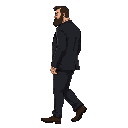 make a tall, bulky man, without beard or hair, wearing a black suit, from a side perspective facing the camera, as if he were walking to the left