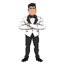 create a strong man with a tuxedo suit