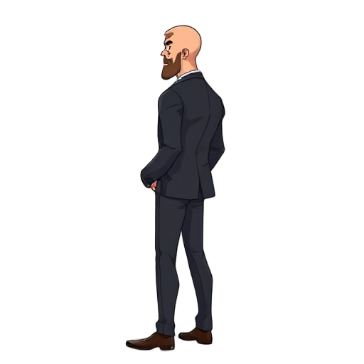 make a tall, strong, beardless, hairless man wearing a black suit, from a side perspective to the camera