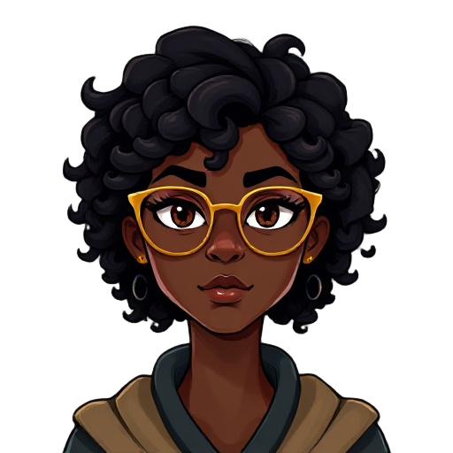 dark skinned woman wizard dnd, curly hair and big thin golden glasses