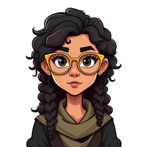 south american woman wizard dnd, long curly hair and big thin golden glasses