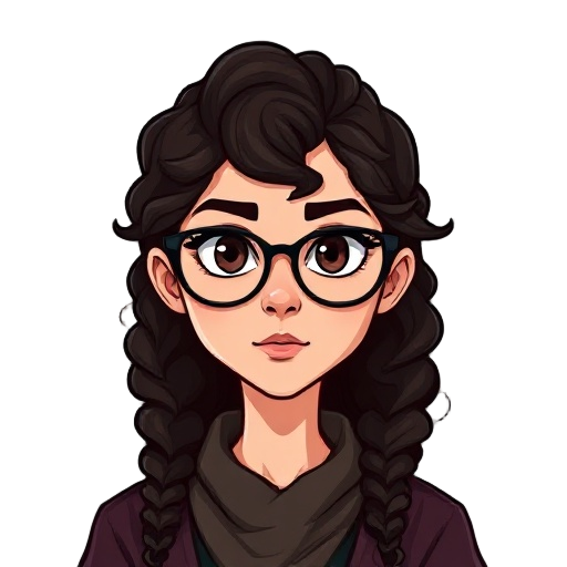 south american woman wizard dnd, long curly dark brown hair and big thin glasses