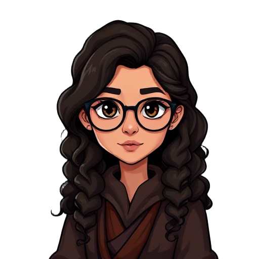 south american woman wizard dnd, long curly dark brown hair and big thin glasses, round face