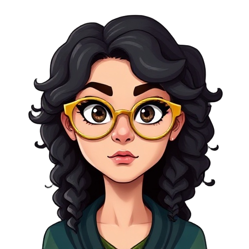 woman wizard dnd, long curly hair and big thin golden glasses