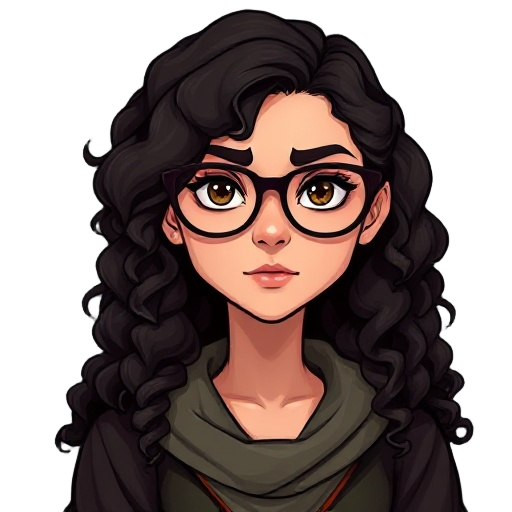 south american woman wizard dnd, long curly dark brown hair and big thin glasses