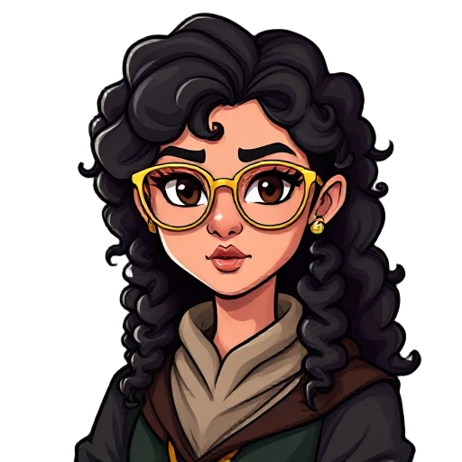 south american woman wizard dnd, long curly hair and big thin golden glasses