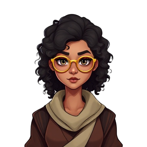 south american woman wizard dnd, long curly hair and big thin golden glasses