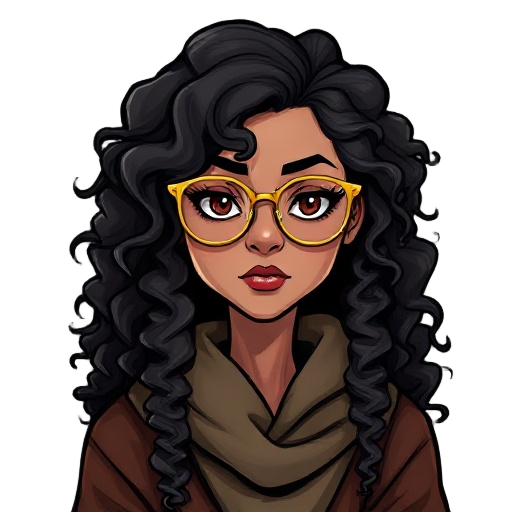 south american woman wizard dnd, long curly hair and big thin golden glasses