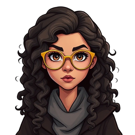 south american woman wizard dnd, long curly hair and big thin golden glasses