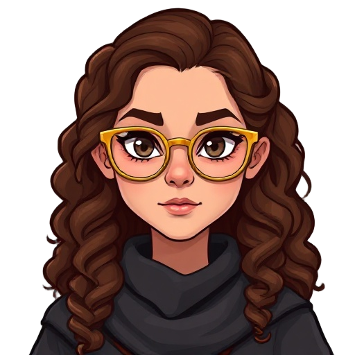 south american woman wizard dnd, long curly brown hair and big thin golden glasses