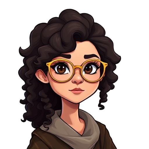 south american woman wizard dnd, long curly hair and big thin golden glasses