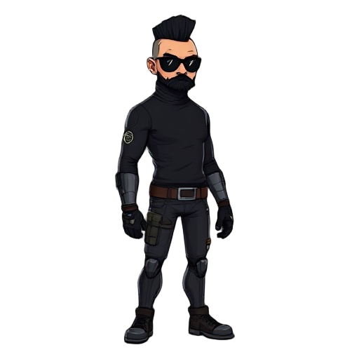 male spy with buzzcut, black turtleneck and black beard, cyberarm prosthetic