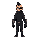 male spy with buzzcut, black turtleneck and black beard, cyberarm prosthetic