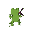 a walking frog, top view, on the back a katana.
