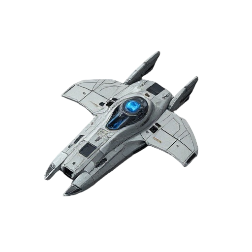 futuristic starship, seen from isometric top-down (75º), ultra-detailed sci-fi fighter, elongated aerodynamic hull, metallic light-gray panels, subtle weathering, blue glowing energy core at the center, dual rear thrusters, medium-length integrated wings,