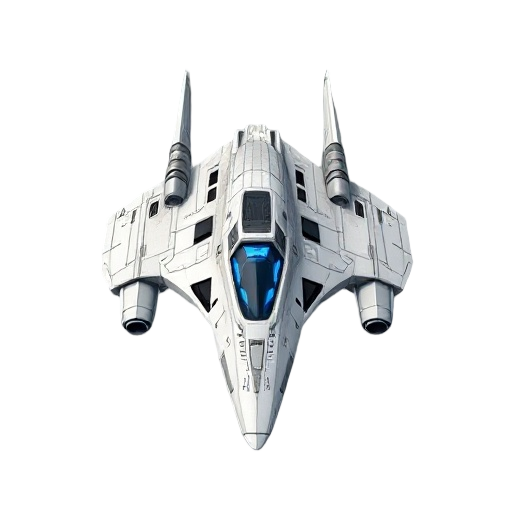 futuristic starship seen from an isometric top-down angle (~75º), ultra-detailed 3d render, realistic sci-fi fighter design, elongated aerodynamic nose, dual rear thrusters, metallic white-gray hull with subtle weathering and panel lines, integrated side 