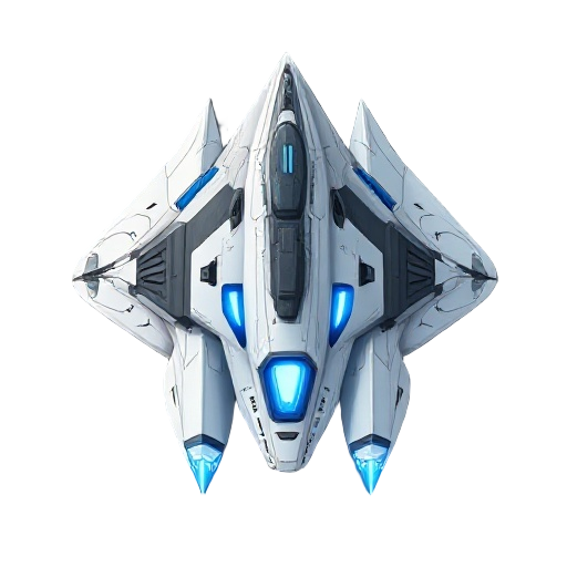 futuristic starship, top-down view, highly detailed, sci-fi realistic design, sleek dagger-shaped body with sharp edges, advanced thrusters and rear engines, smooth white metallic panels with gray shading, glowing blue energy core and lights, light weathe