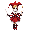 female clown adventurer, , inspired by the joker playing card. wearing a red, white, black, and gold jester outfit with short layered dress, ribbons, small bells, and two-tipped hat. cute and confident expression. she holds a simple dagger and magical dic