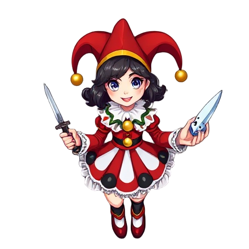 female clown adventurer, , inspired by the joker playing card. wearing a red, white, black, and gold jester outfit with short layered dress, ribbons, small bells, and two-tipped hat. cute and confident expression. she holds a simple dagger and magical dic