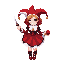 female clown adventurer, , inspired by the joker playing card. wearing a red, white, black, and gold jester outfit with short layered dress, ribbons, small bells, and two-tipped hat. cute and confident expression. she holds a simple dagger and magical dic