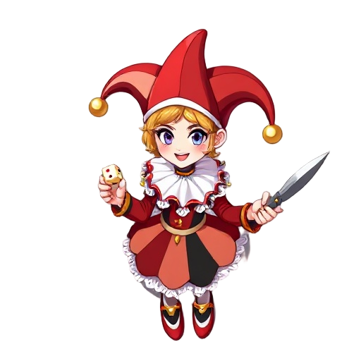 female clown adventurer, , inspired by the joker playing card. wearing a red, white, black, and gold jester outfit with short layered dress, ribbons, small bells, and two-tipped hat. cute and confident expression. she holds a simple dagger and magical dic