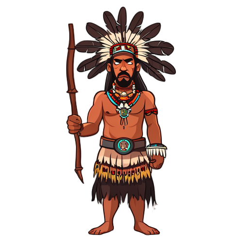 índio brasileiro parado respirando, segurando um arco em uma mão e uma flecha na outra, estilo cartoon, sprite 2d, fundo transparente