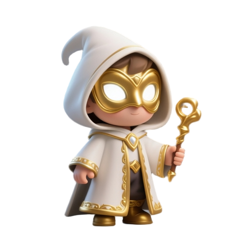 um pequeno mago cujo rosto é uma mascara dourada e os olhos são pura luz branca, ele usa um manto longo branco com detalhes e bordas douradas e seu capuz cobre sua cabeça exceto a mascara, ele segura em sua mão um pequeno cajado dourado