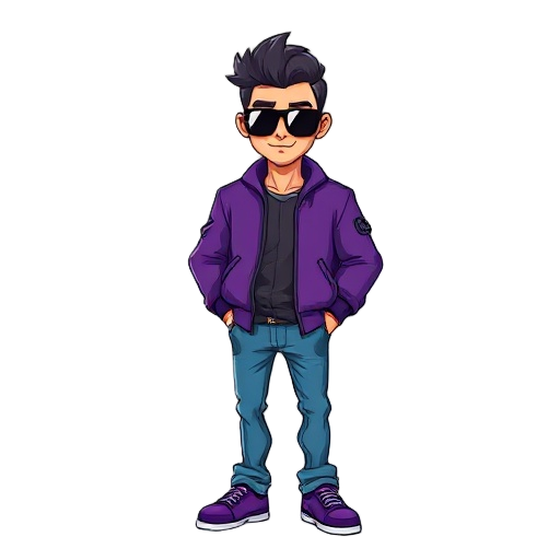 a cool guy wearing sunglasses, a purple bomber jacket, blue jeans and purple shoes