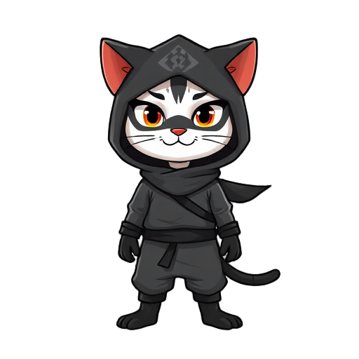 crie um gato ninja com uma roupa ninja preta 