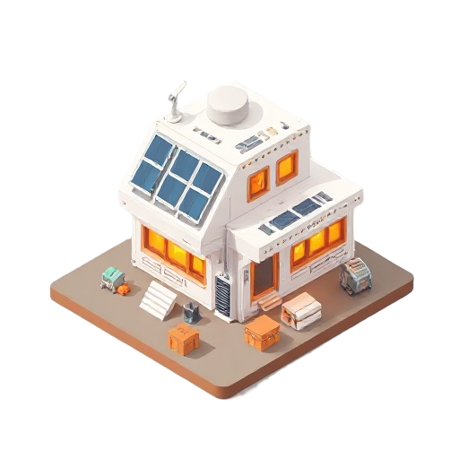 futuristic mars colony's buildings with whitish colour palette and orange/blue highlights. 2 storey home, solar panels, supply crates